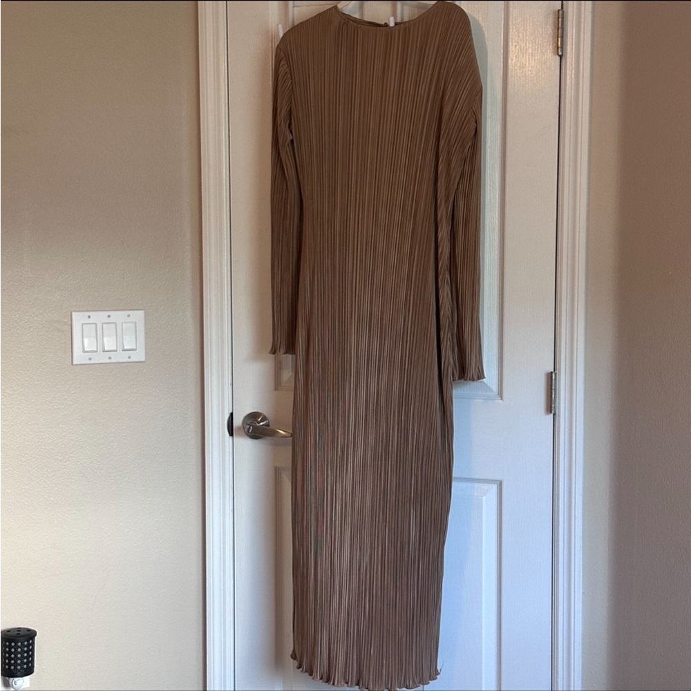 azra the label plisse camel maxi dress
